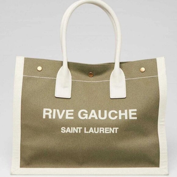 Yves Saint Laurent Green Linen And Leather Rive Gauche Tote Bag - Picture 1 of 11